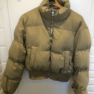 Olive Green Cropped Puffer Jacket with shiny silver hardware